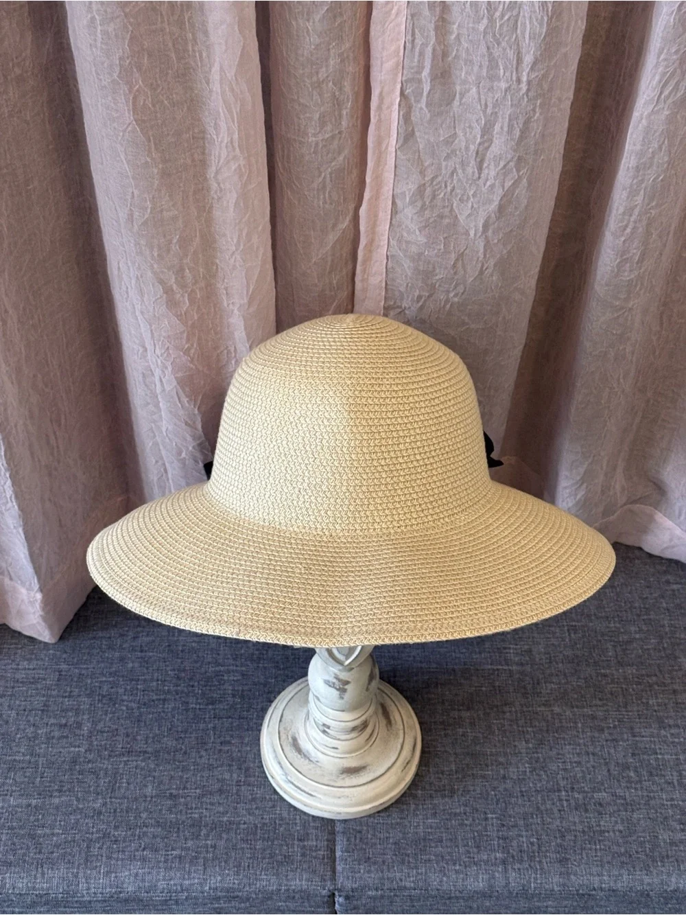 Peter Grimm Wide Brim Straw Hat in Natural Beige with Black Bow
